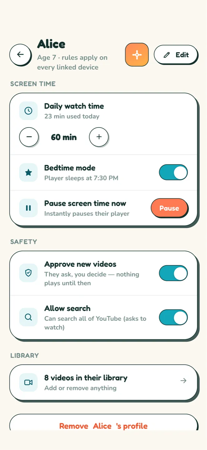 Watchly parental controls for one child profile: daily watch time, bedtime window and intermission breaks.