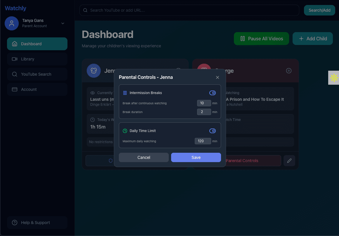 Watchly parental controls screen with time limits and schedules
