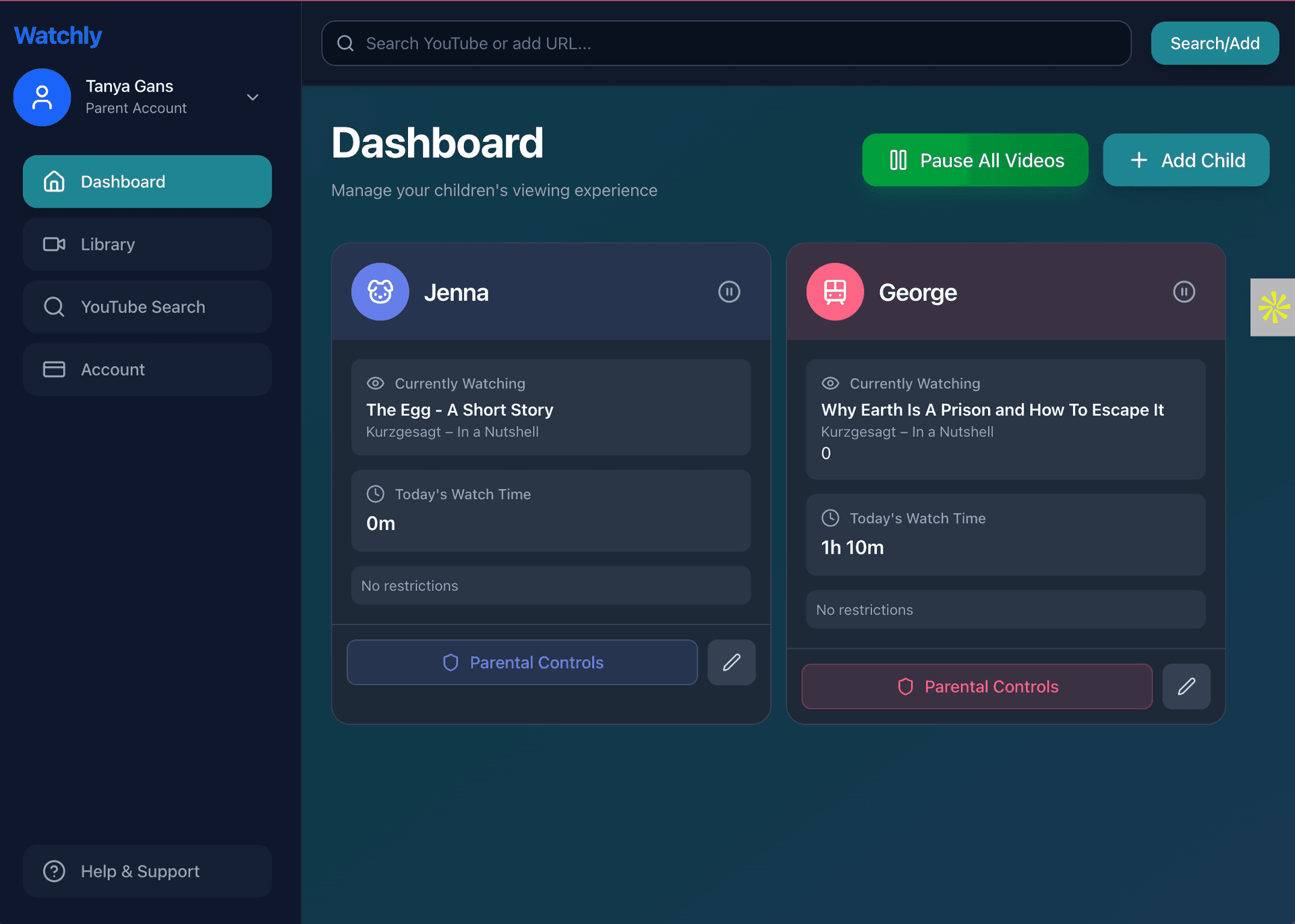 Watchly parent dashboard for building video libraries